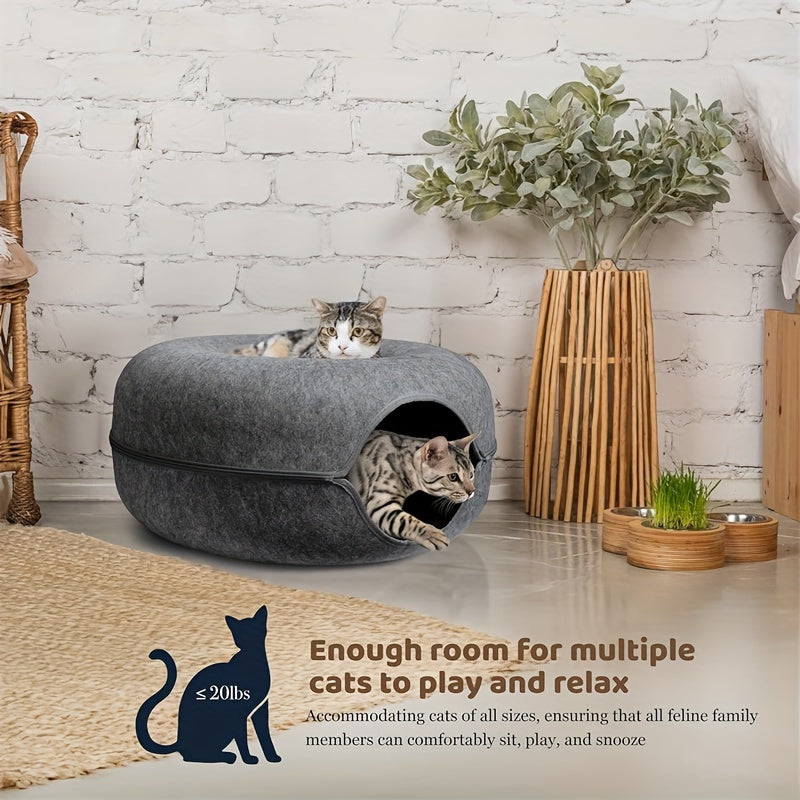Cat Tunnel Bed with Donut Hole Indoor Hiding Place - All-Season Collapsible Soft Plush Cat Cave Bed for Indoor Cats, Dark Gray & Light Gray, 20 & 24 Inch, Perfect Cat Gift