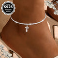 S925 Sterling Silver Cross Anklet Women – Synthetic Diamond Bohemian Beach Vacation Jewelry Adjustable Clasp Casual Outfit Accessory Gift for Valentine's Day Mother's Day Birthday
