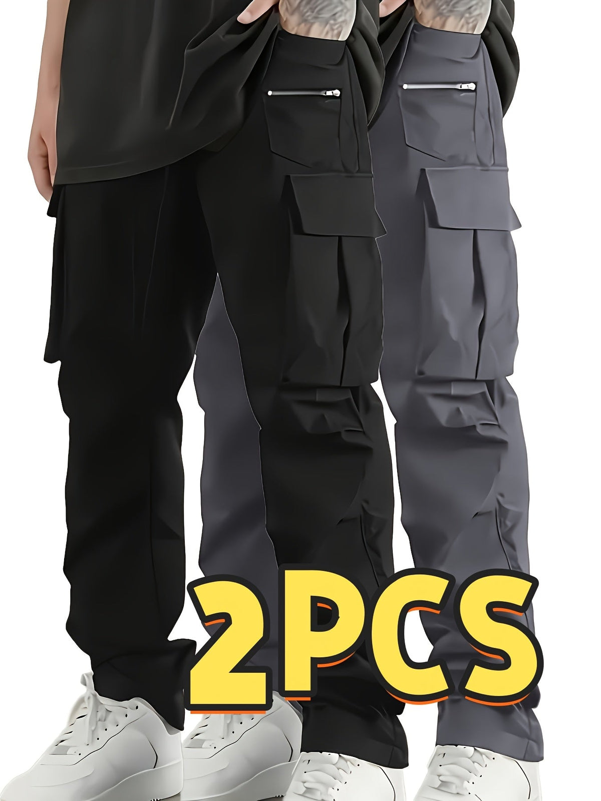 Men's Cargo Pants 2-Pack Multi-Pocket Elastic Waist Drawstring Hiking Trousers Breathable Loose Straight Fit All Season Black Khaki Dark Grey Sizes S-XXL