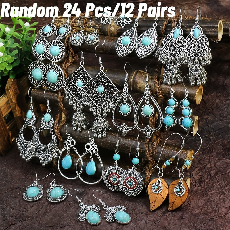 12 Pairs Boho Turquoise Drop Earrings Set for Women – Vintage Bohemian Leaf Heart Dangle Earrings, Perfect Holiday Gift for Girls & Women Daily Wear