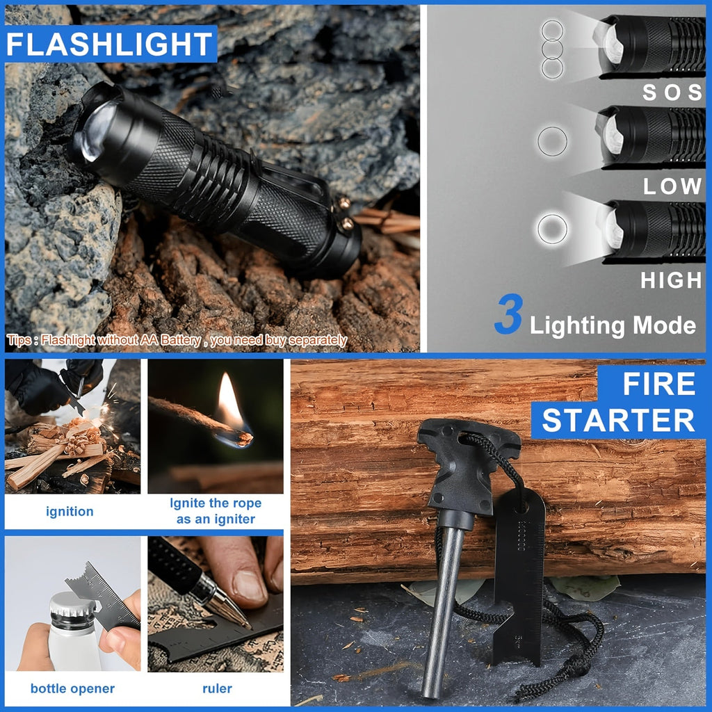 Men's Survival Kit 12 to 115 Piece Emergency Gear Set with Flint Fire Starter Multi-Tool for Camping Hiking Hunting Fishing Outdoor Adventure Gift for Dad Husband