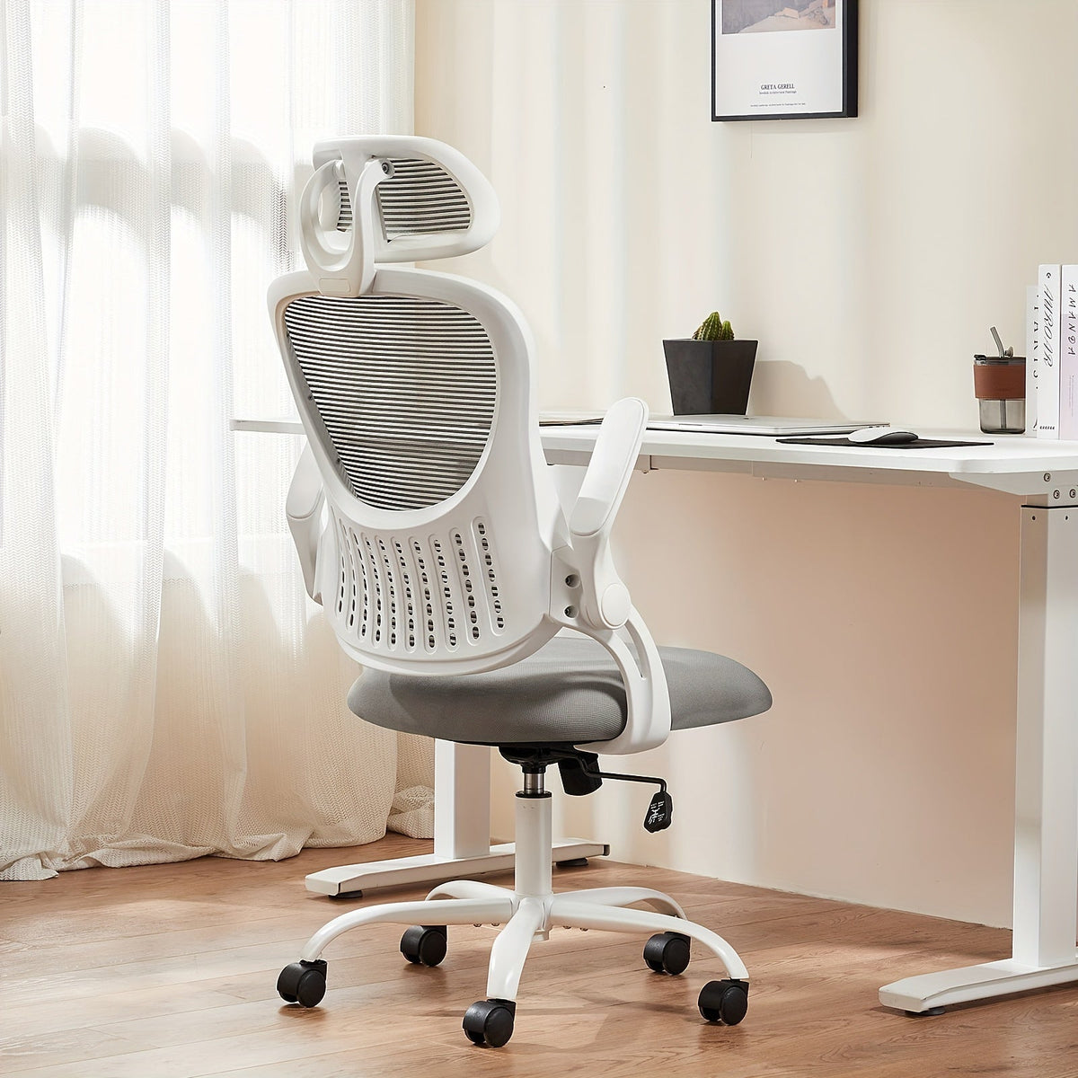 Ergonomic High-Back Mesh Office Chair with Flip-Up Arms Adjustable Headrest Lumbar Support & Wheels - Rolling Computer Desk Chair for Home Office Bedroom Study Pink Grey Black