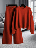 Women's Loose Knit Two-Piece Set – Round Neck Drop Shoulder Sweater & High Waist Wide Leg Drawstring Pants, Retro Casual Cozy Outfit, 10 Colors, Sizes S-XXL