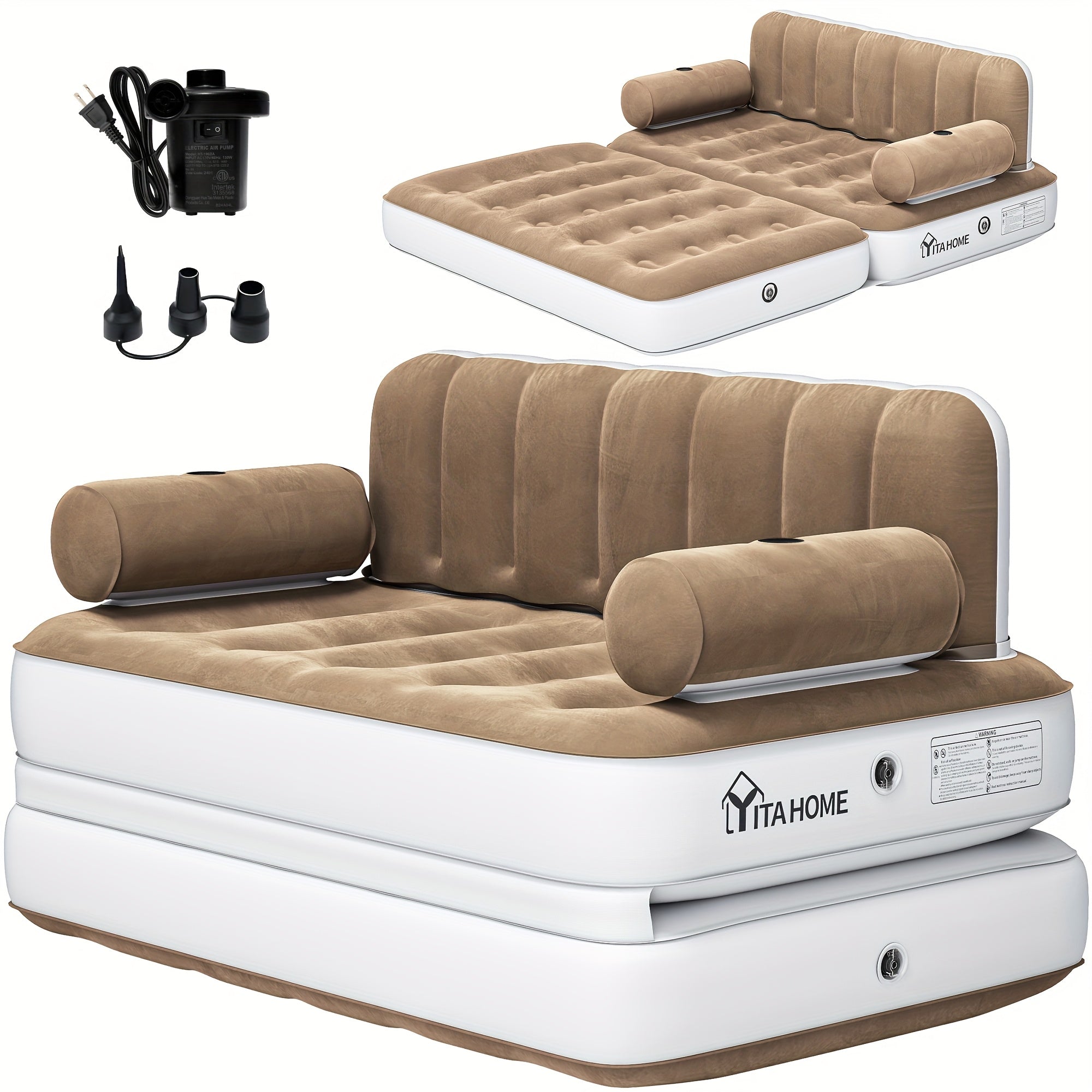 Inflatable Air Sofa Bed 2-in-1 Queen Size – Portable Blow Up Couch & Airbed with Headboard, Cup Holders, External Pump & Storage Bag, 440 lb Capacity for Home, Camping, Guests & Dorms