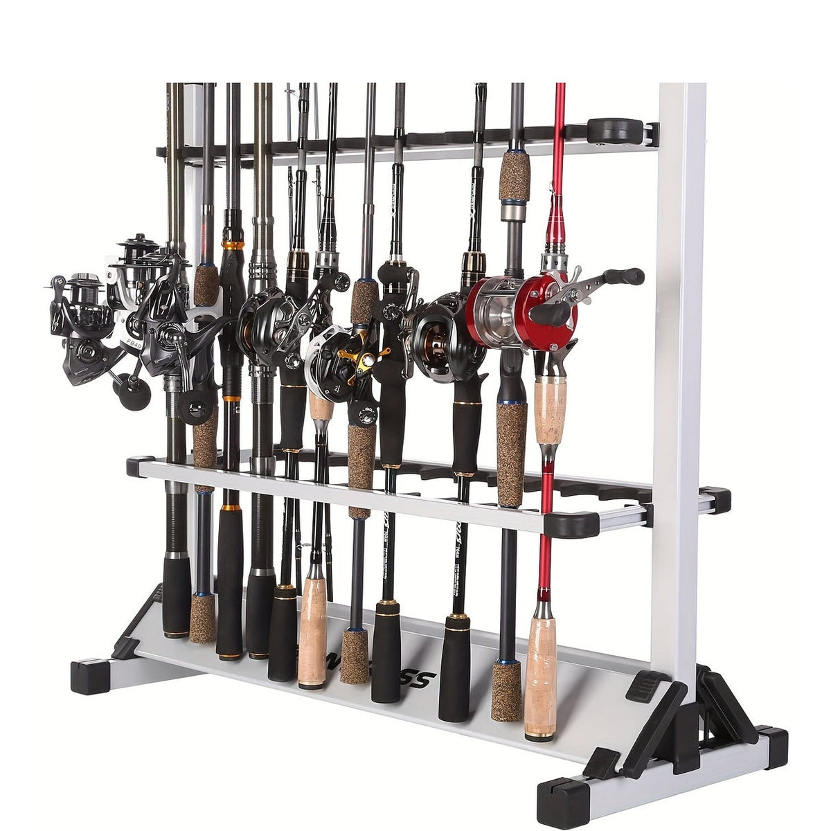 Portable Fishing Rod Holder Rack for 24 Rods Aluminum Alloy Rust-Resistant with Cushioned Grips - Lightweight Organizer for Garage, Cabin, Bedroom & Fishing Storage