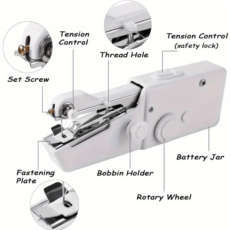 Compact Handheld Sewing Machine Kit Portable Battery Powered – Quick Repair Tool with Needles Bobbins Thread Spool Needle Threader and Fabric Sample for Clothes Garments Curtains and DIY Sewing Projects – White or Black