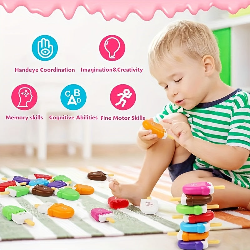 Ice Cream Preschool Learning Toy Set 52 Pieces Counting Color Sorting Stacking ABC Uppercase Lowercase Letters Montessori Educational Toy for Toddlers Preschoolers Ages 3 and Up Birthday Gift