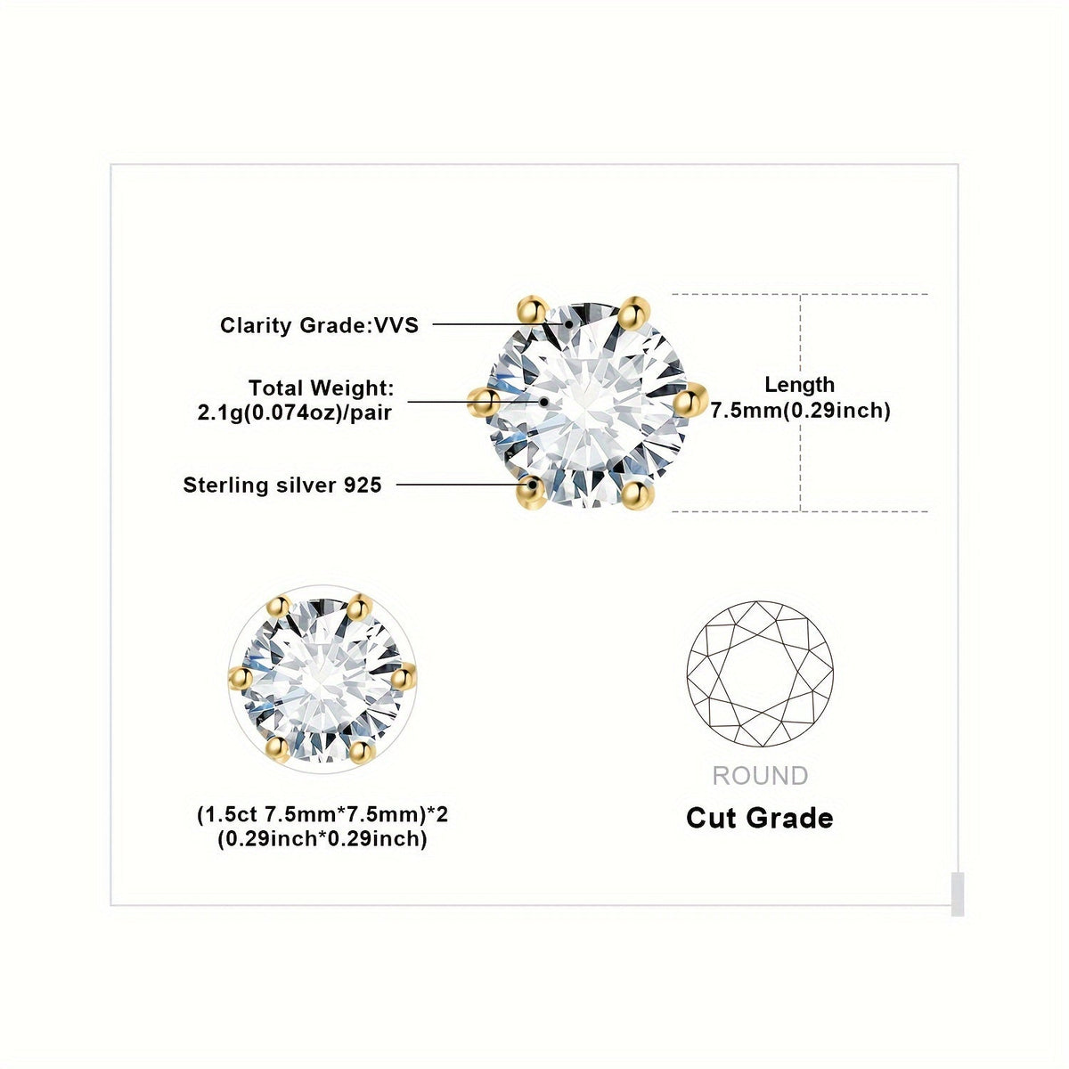 Moissanite Stud Earrings 925 Sterling Silver Round Cut Brilliant Sparkle 0.6ct to 6ct Platinum Plated Wedding Engagement Fine Jewelry for Women Girls Daily Prom Party