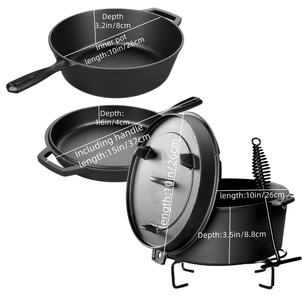 Cast Iron Cookware Set 6-Piece Non-Stick Skillet Dutch Oven Grill Pan Kit for Induction Gas Campfire BBQ Outdoor Cooking Kitchen