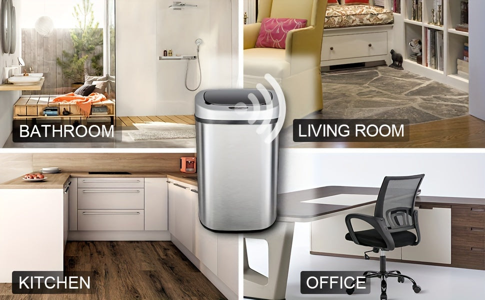 13 Gallon Touchless Trash Can 50L Automatic Motion Sensor Kitchen Waste Bin Stainless Steel & Plastic for Kitchen Office Bedroom Living Room