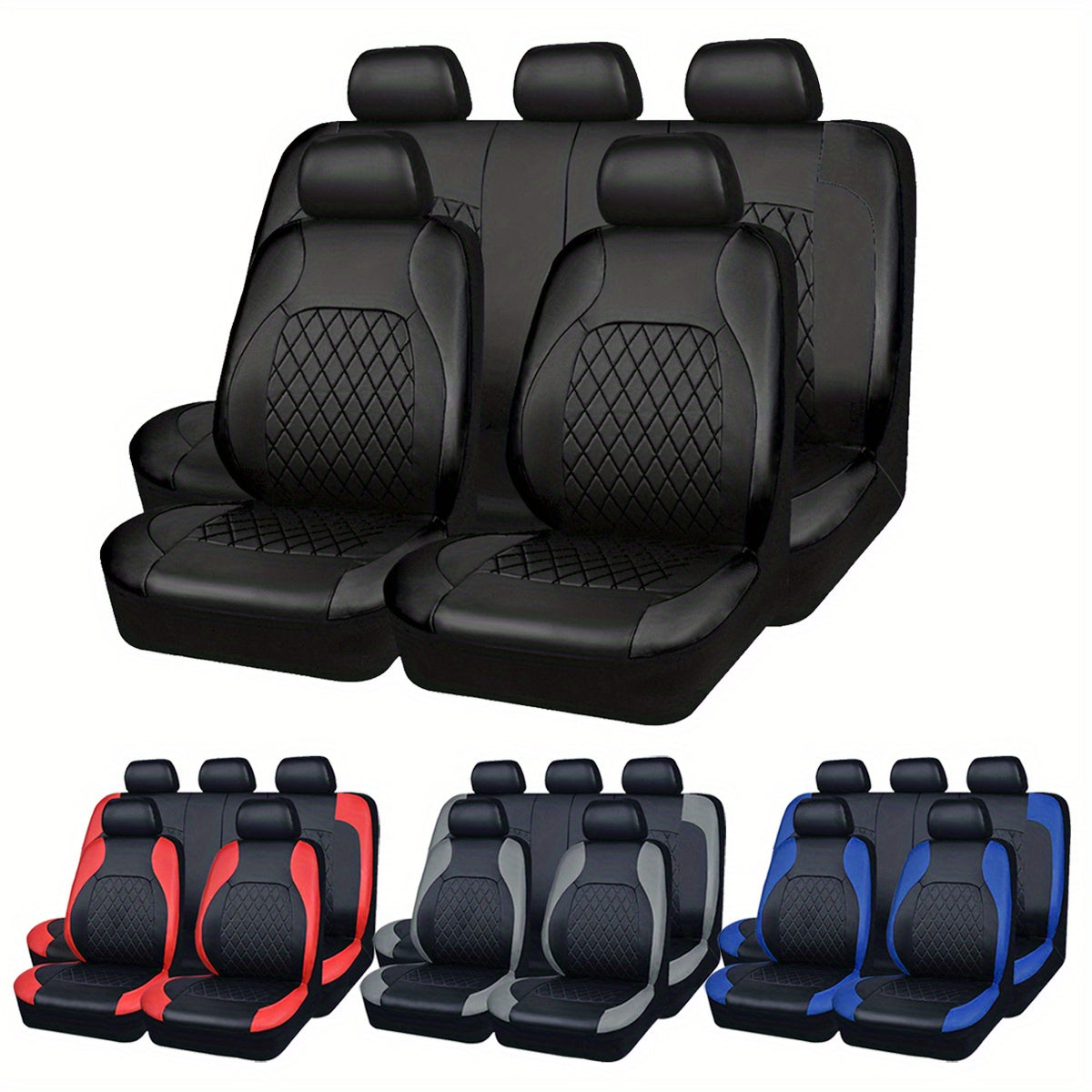 Quilted PU Leather Car Seat Covers Waterproof Sponge Padded All-Season Universal Fit Cars SUVs Trucks Gray Black Red Blue Single or 12-Piece Full Set Interior Protection | Nova Mart