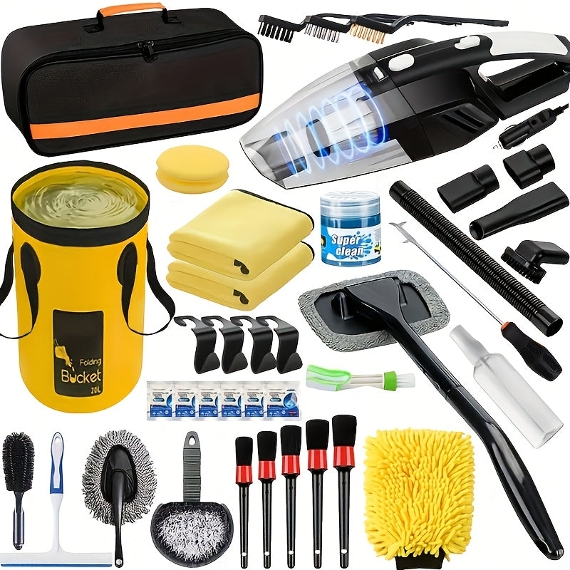 Car Wash Detailing Kit 19 or 41 Piece with Handheld Vacuum Collapsible Bucket Windshield Tool Tire Brush Snow Shovel Cleaning Gel Complete Car Care Set Yellow Pink