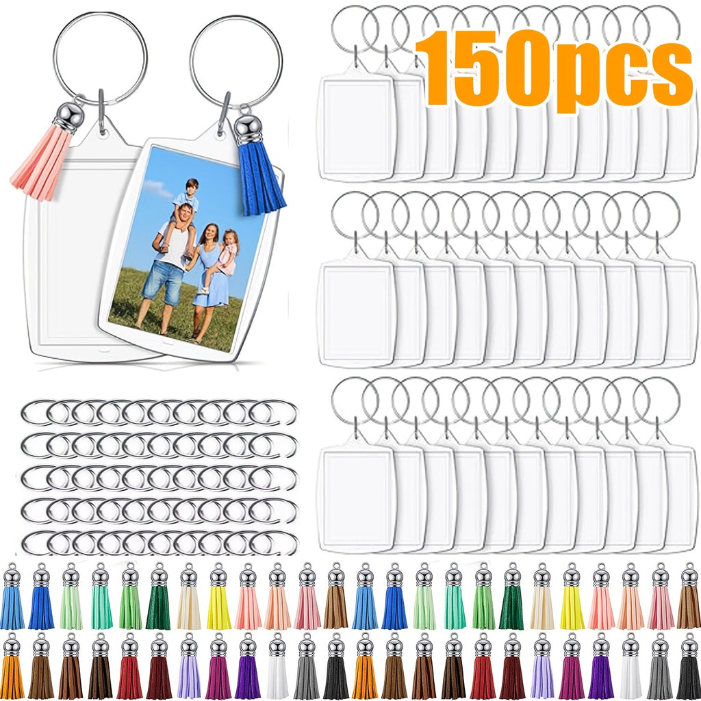 150PCS Acrylic Photo Frame Keychain Blanks with Colorful Tassels – Snap-In Clear Picture Keyring Set for DIY Crafts, Bulk Custom Keychains, Party Favors & Gifts