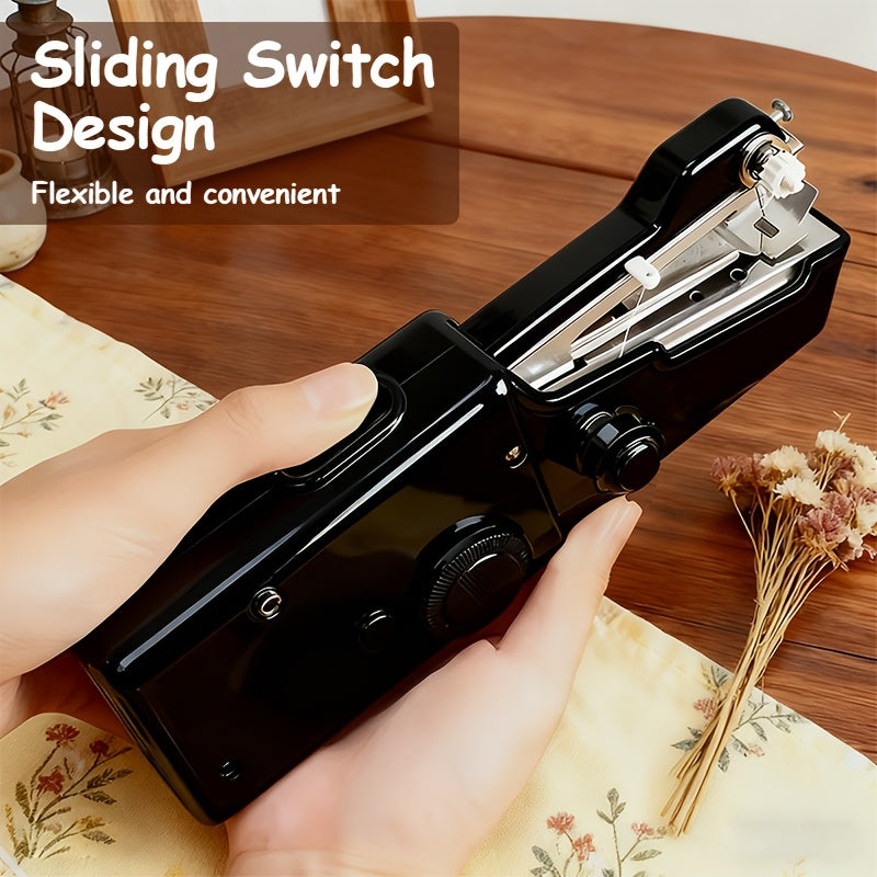 Compact Handheld Sewing Machine Kit Portable Battery Powered – Quick Repair Tool with Needles Bobbins Thread Spool Needle Threader and Fabric Sample for Clothes Garments Curtains and DIY Sewing Projects – White or Black