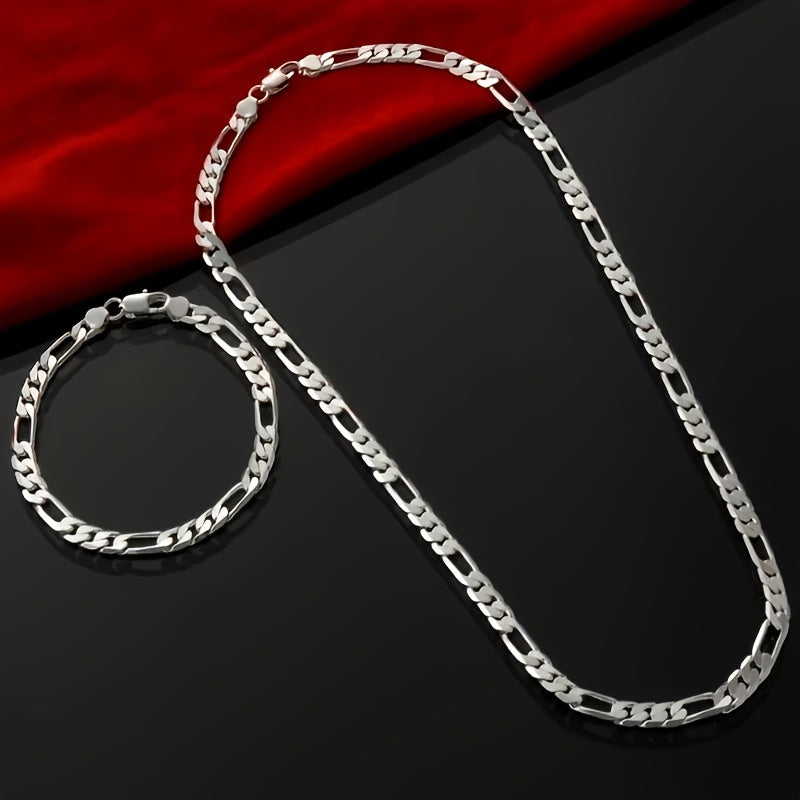 925 Sterling Silver Bracelet & Necklace Jewelry Set 2pcs Unisex – Hip Hop Chain Link Design for Men & Women Hypoallergenic Matching Couple Jewelry Christmas Wedding Anniversary Birthday Gift