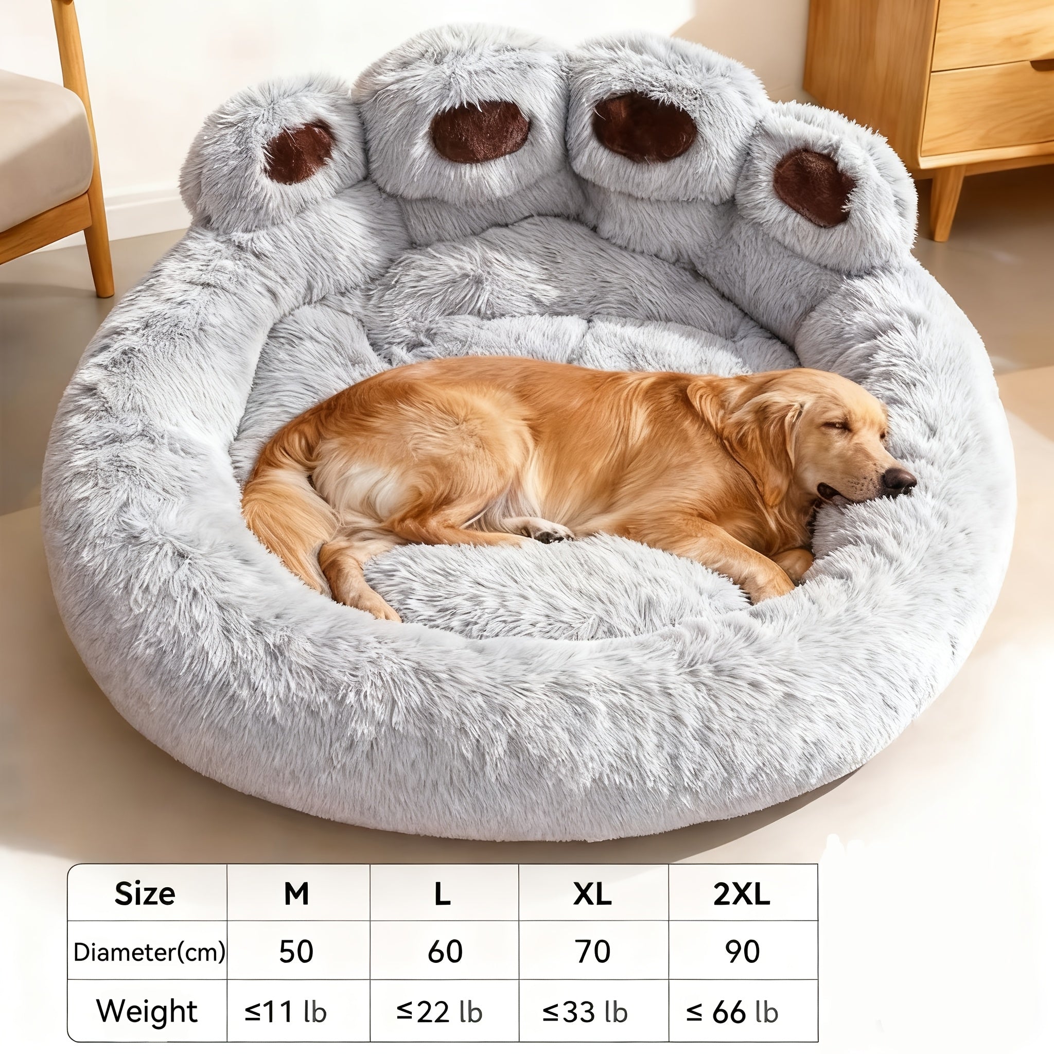 Bear Paw Plush Round Pet Bed for Dogs & Cats Soft Calming Non-Slip Cozy Puppy Bed – Small Medium Large, 20/24/28/36 Inch, Coffee Pink Gray