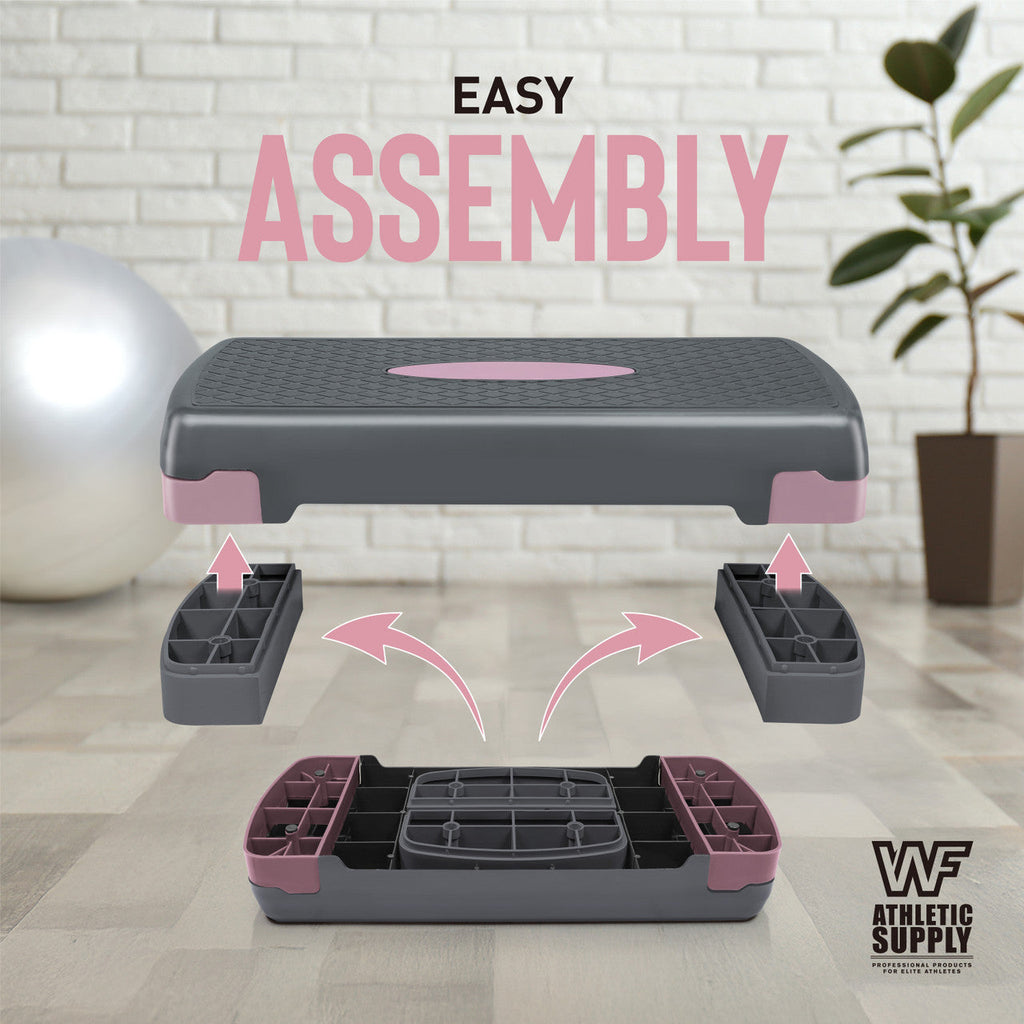 Adjustable Height Aerobic Stepper Set with 2 Dumbbells & Measuring Tape – Non-Slip Exercise Step Platform, 4"-6" Level Risers, 550 LB Capacity, Home Gym Workout – Pink Grey, Blue & Green