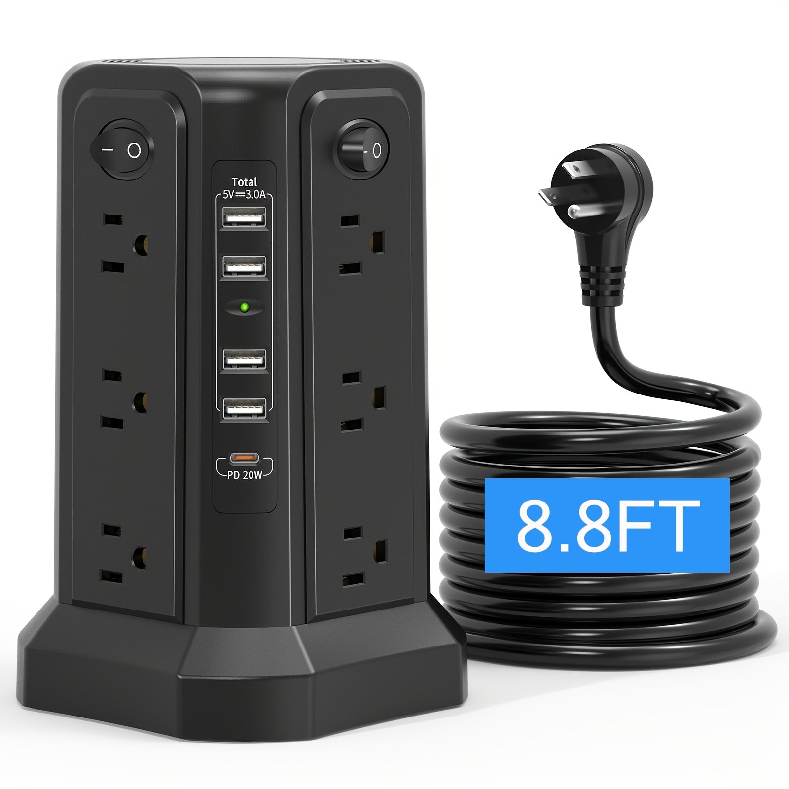 Power Strip Tower 16 AC Outlets 5 USB Ports USB-C PD20W Fast Charging 1500J Surge Protector Flat Plug Desktop Extension Cord for Home Office Dorm Room Workstation 10 Style Options