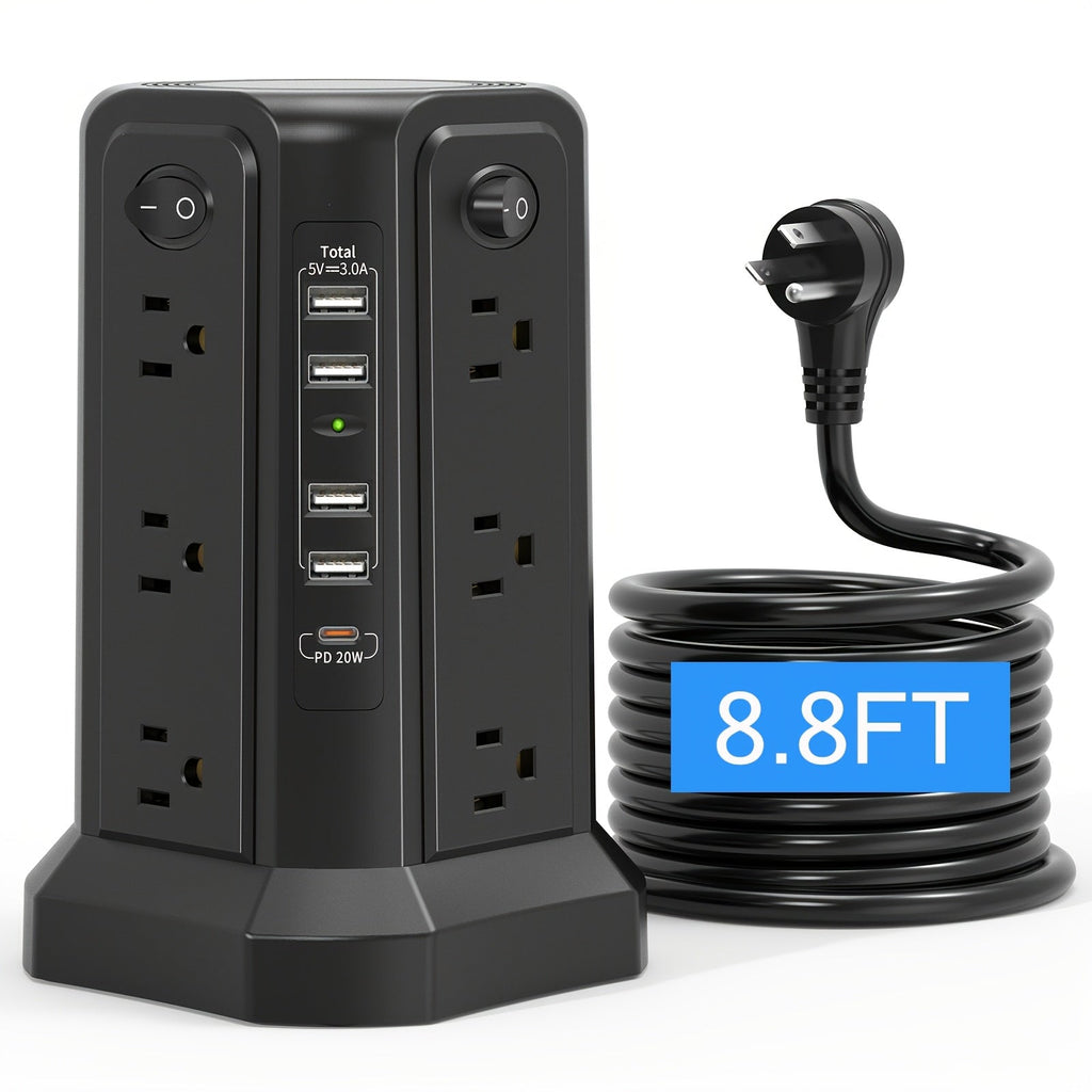 Power Strip Tower 16 AC Outlets 5 USB Ports USB-C PD20W Fast Charging 1500J Surge Protector Flat Plug Desktop Extension Cord for Home Office Dorm Room Workstation 10 Style Options