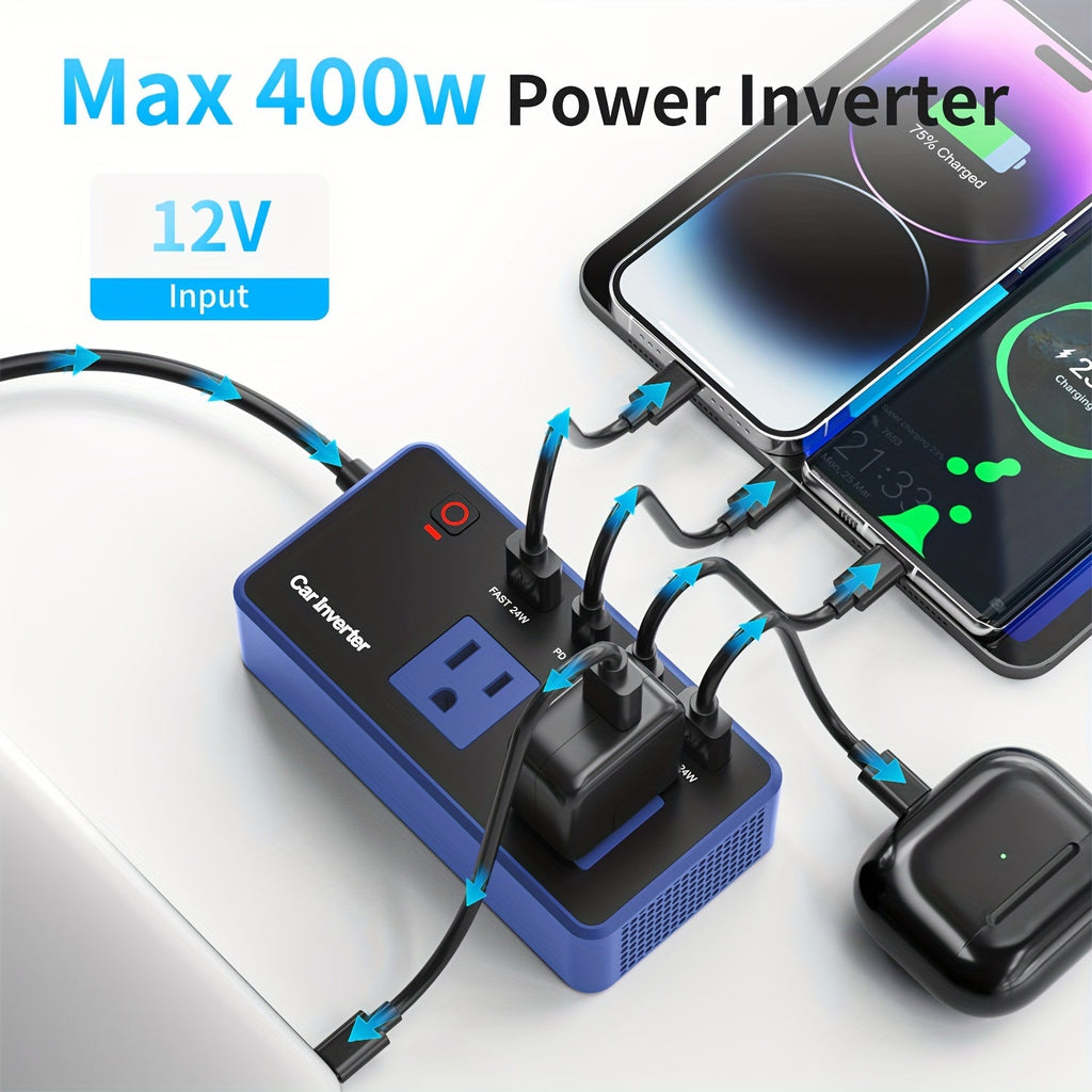 200W Car Power Inverter DC 12V to 110V AC with PD 24W USB-C & QC 24W Quick Charge Dual Fast Charging Vehicle Adapter for Laptop Car Office Work Camping Road Trip