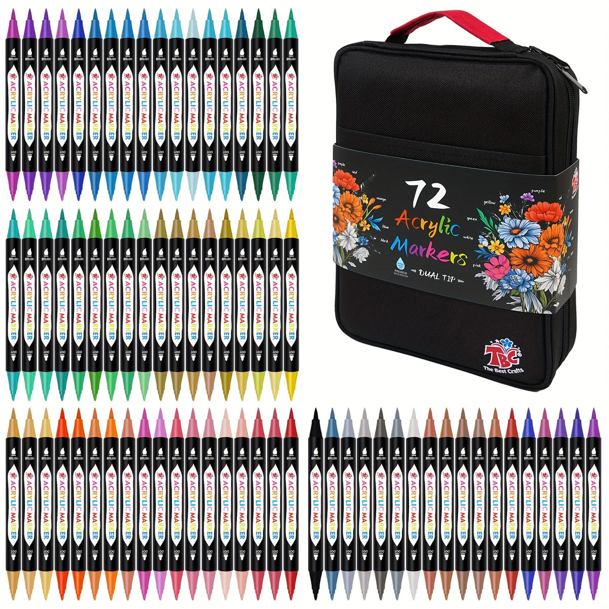 TBC Dual Tip Acrylic Paint Markers 48 72 108 Colors with Canvas Bag Non-Toxic Odorless Professional Acrylic Paint Pens for Canvas Paper Wood Glass Stone Pottery Fabric DIY Art