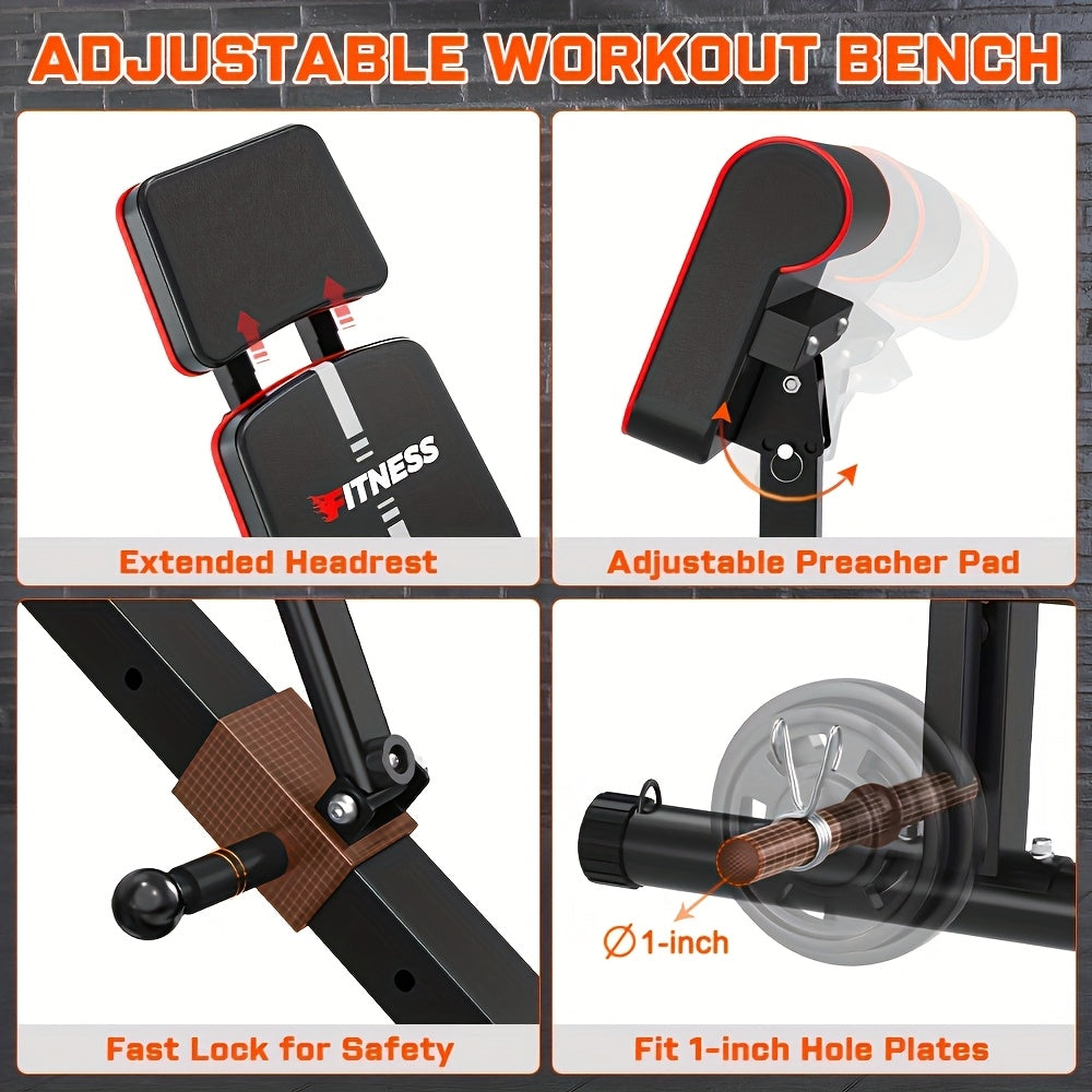 Foldable 6-in-1 Adjustable Weight Bench 770 LBS Home Gym – Flat Incline Decline Strength Training with Resistance Bands Preacher Curl Pad & Leg Developer for Full Body Workouts