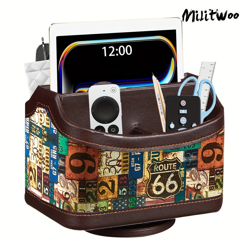 360 Swivel Remote Control Holder 5-Compartment PU Leather Desk Organizer for TV Remotes Phones Eyeglasses Pens Rotating Desktop Storage Caddy