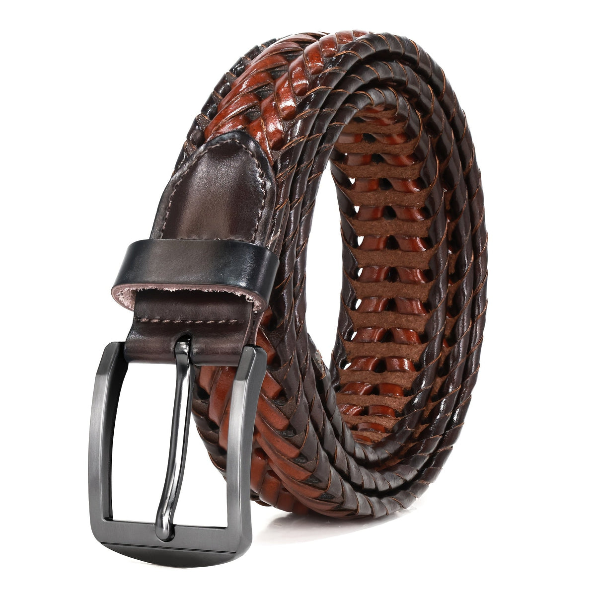 Men's Leather Braided Belt – Woven Hollow Design with Gold Zinc Alloy Buckle, Casual Dress Belt for Golf Pants Jeans Everyday Wear, Sizes 34" to 50", Great Gift for Dad