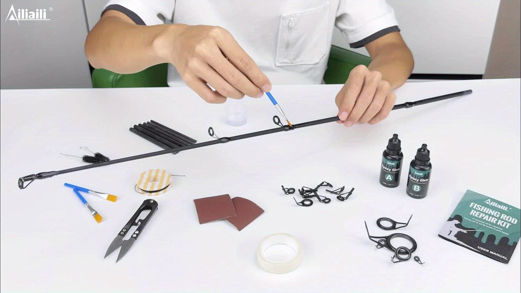 Fishing Rod Repair Kit Complete Set – Tip Top Rings, Rod Guides, AB Epoxy Glue, Winding Thread & Textured Paper, Full Replacement Supplies for Broken Rods