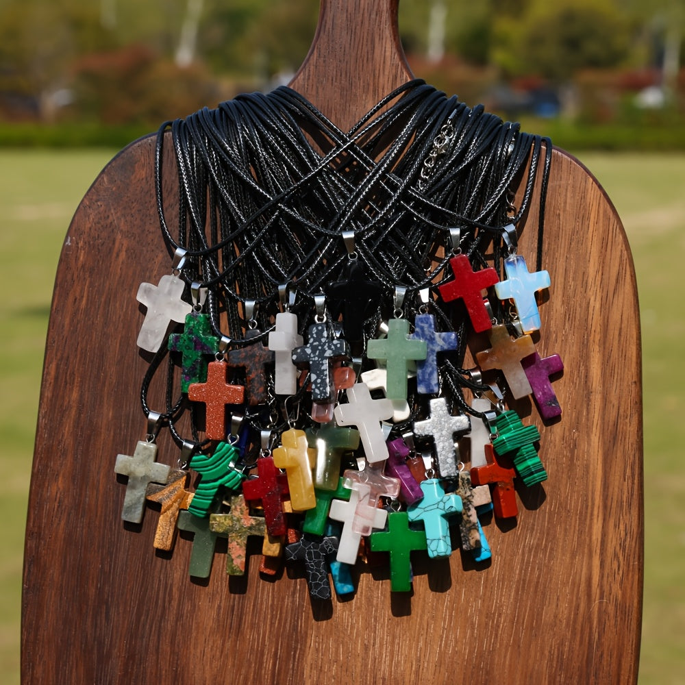 50pcs Natural Stone Cross Pendant and Necklace DIY Set – 25 Colorful Stone Cross Charms + 25 Black Chains for Jewelry Making Bracelets Earrings Craft Teen Gift