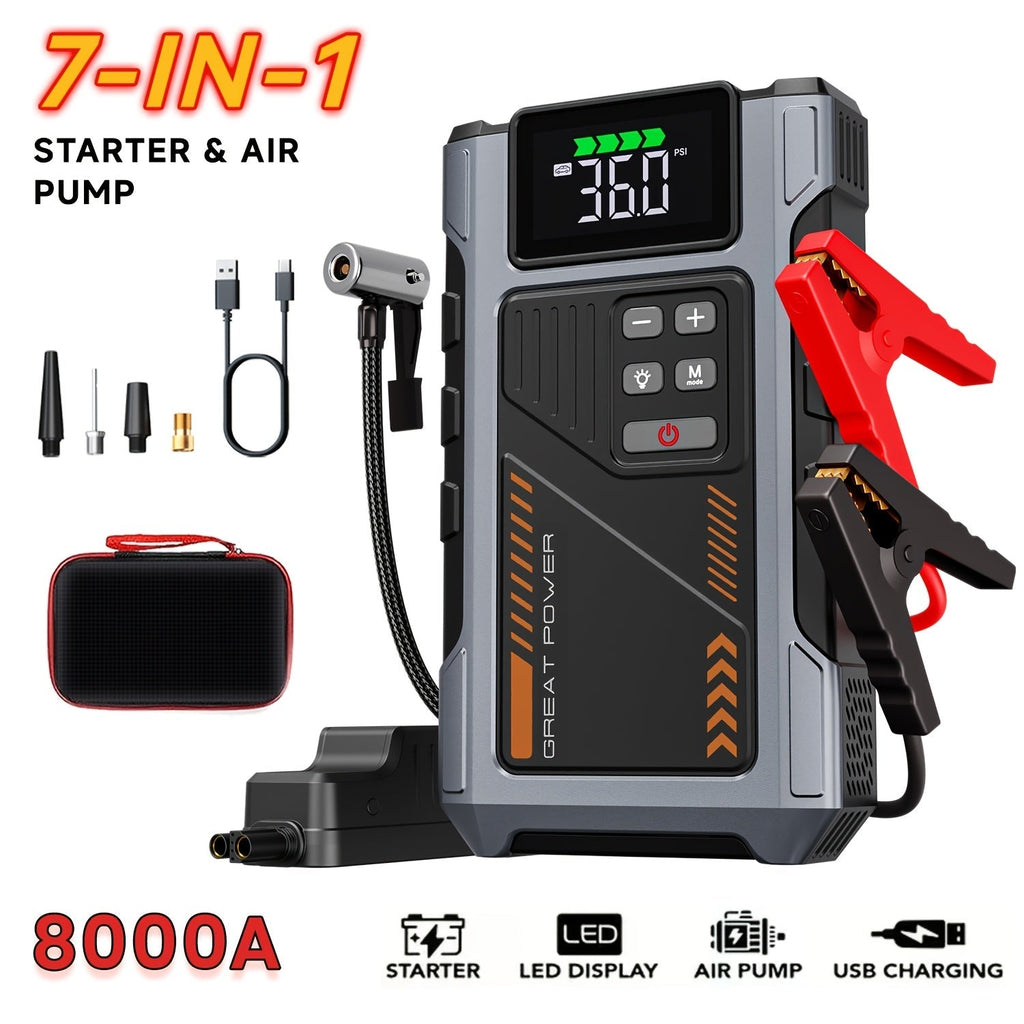 8000A Portable Jump Starter with Air Compressor 12V Battery Booster for 8.0L Gas 6.5L Diesel Engines USB Charging Ports LED Flashlight Jump Box for Cars Trucks SUVs Motorcycles