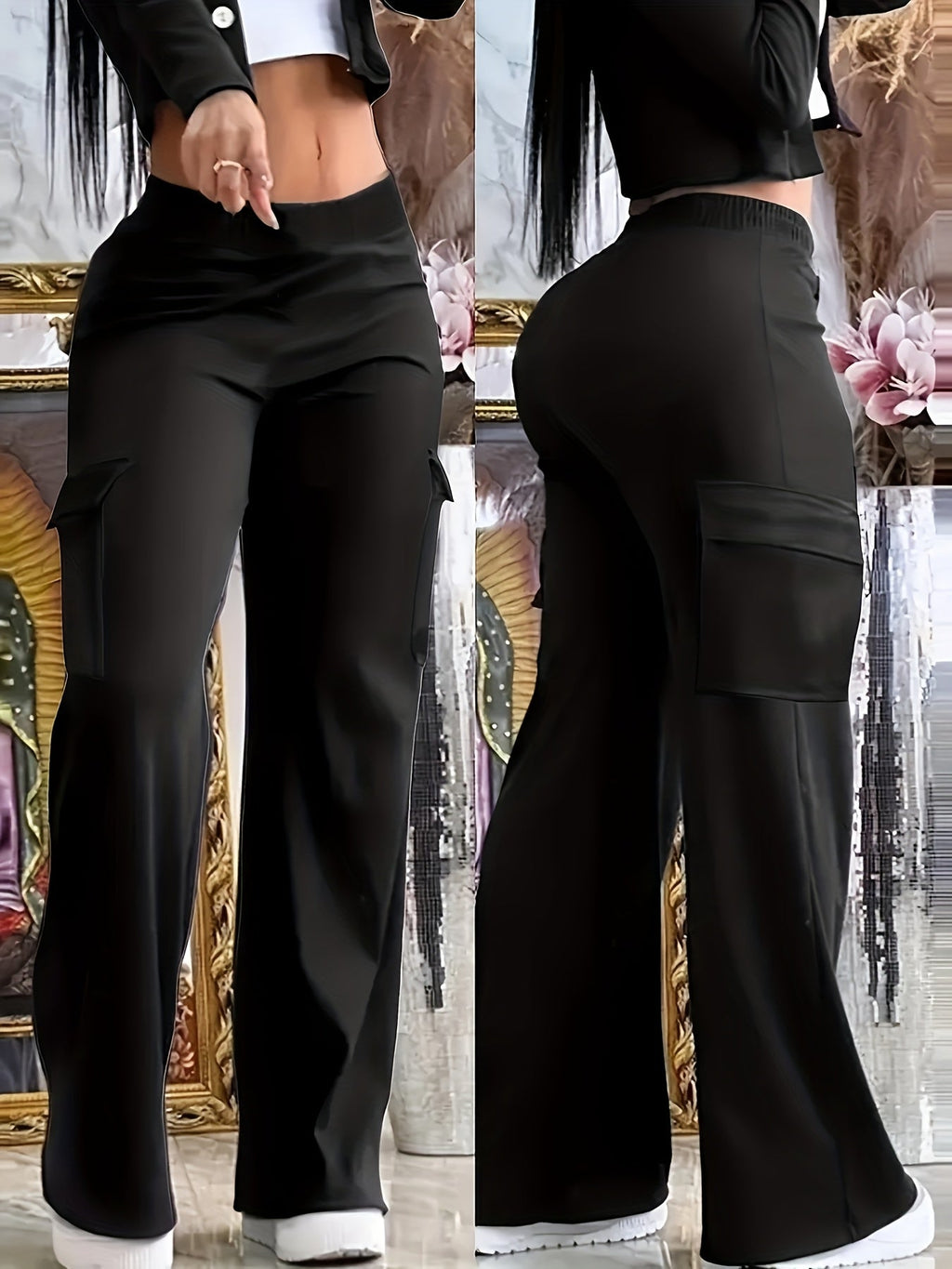 Women's Wide Leg Pants Black – High Waist Pull-On Casual Work Trousers with Pockets, Loose Fit Straight Leg Bottoms for Office, Business Casual & Everyday Wear, Sizes XS-XXL