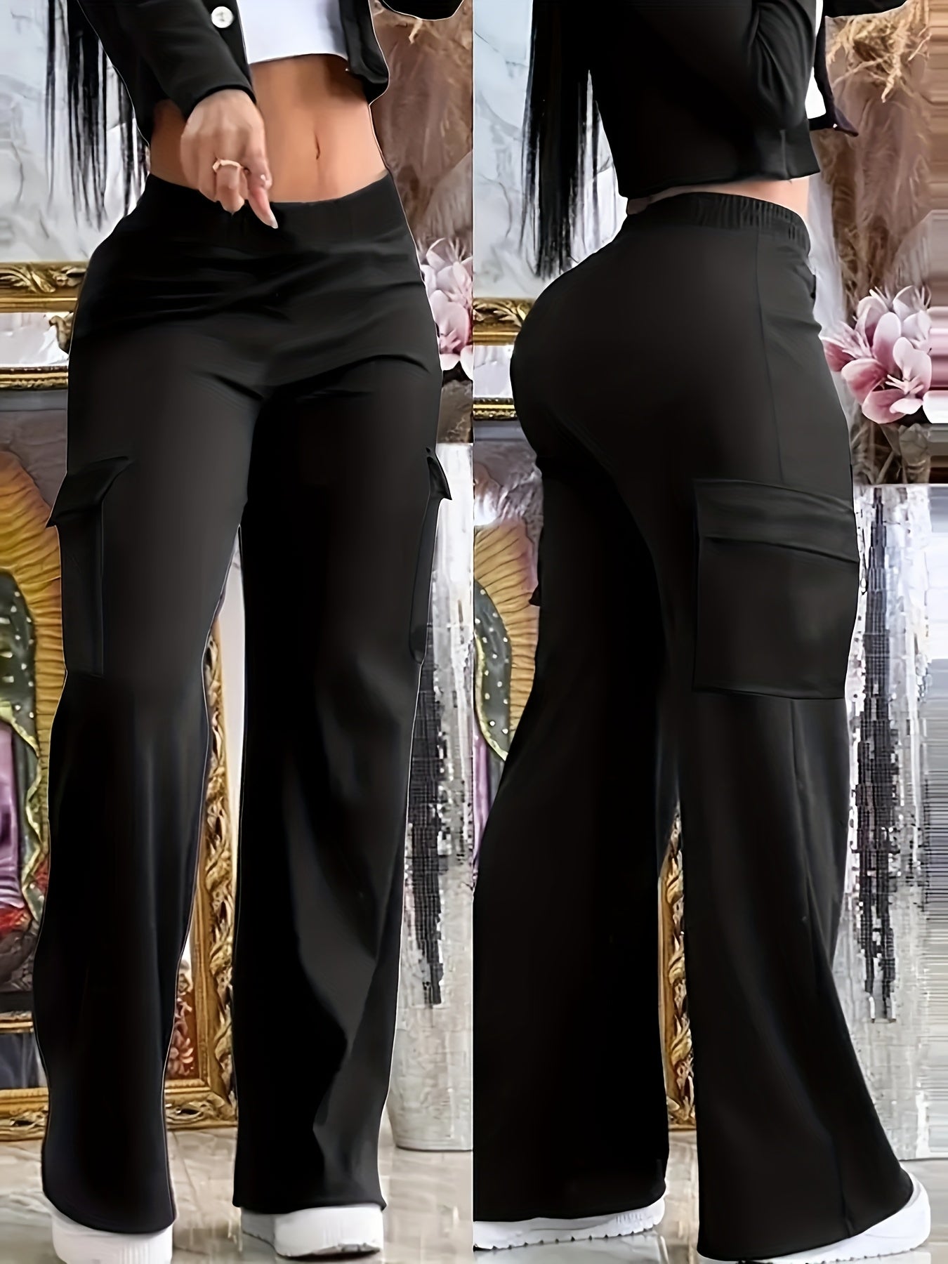 Women's Wide Leg Pants Black – High Waist Pull-On Casual Work Trousers with Pockets, Loose Fit Straight Leg Bottoms for Office, Business Casual & Everyday Wear, Sizes XS-XXL
