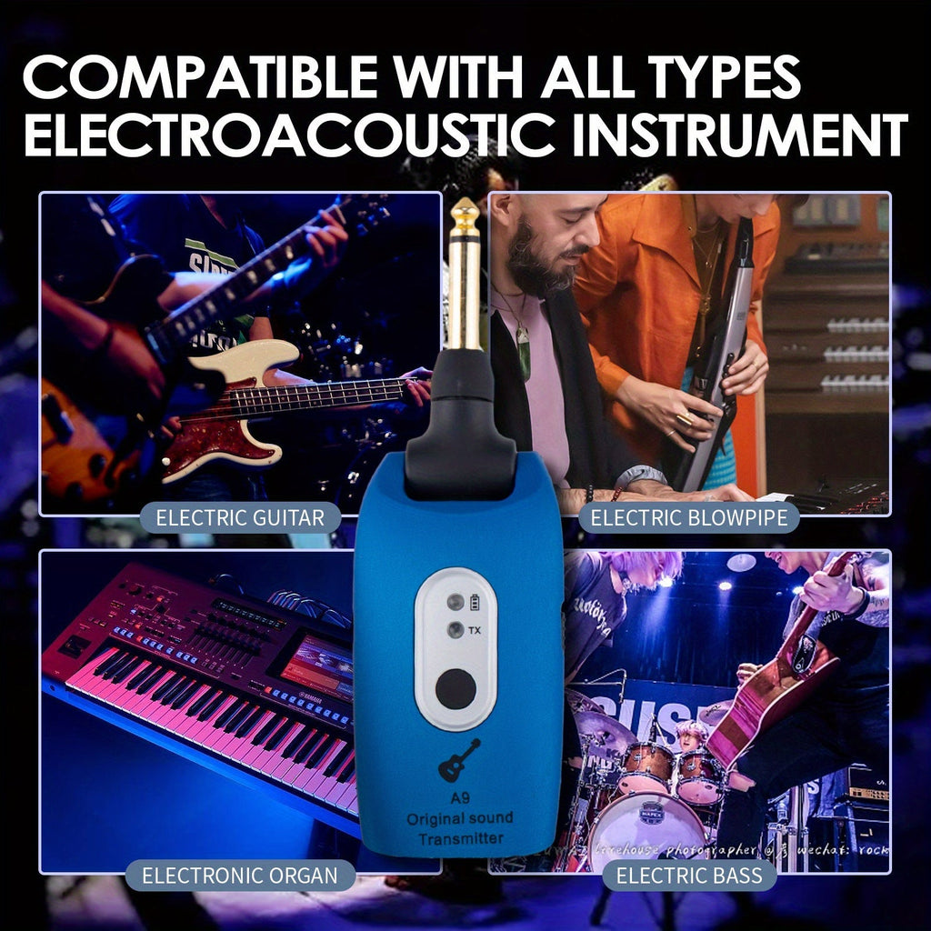 2.4GHz Wireless Guitar System Transmitter & Receiver for Electric Guitar – Low Latency Plug & Play Universal Wireless Instrument System for Guitar Bass Violin – Blue & Black