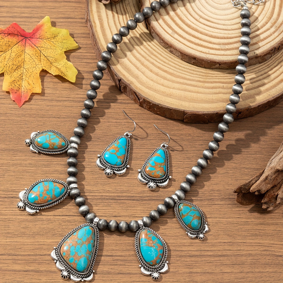 Vintage Boho Turquoise & Orange Beadwork Earrings Necklace Set for Women – Ethnic Zinc Alloy Jewelry for Everyday Holiday Festival Gift