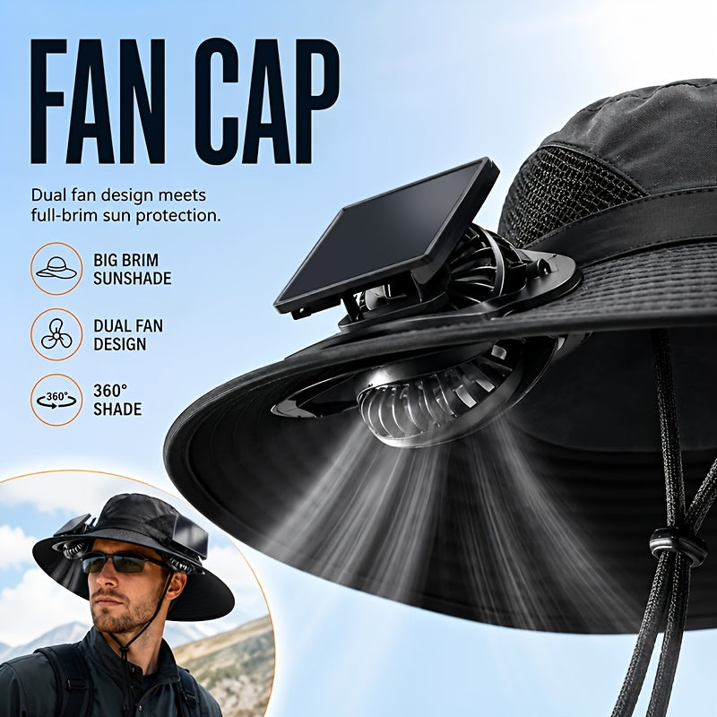 Solar Powered Cooling Fan Wide Brim Sun Hat with 2 Built-In Solar Fans – Adjustable Wind Speed Breathable Mesh UV Protection Outdoor Hat with Chin Strap for Fishing Camping & Hiking