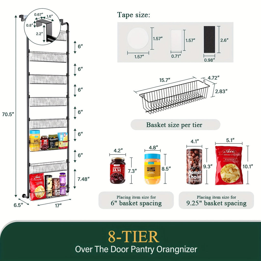 Over the Door Pantry Organizer 6 or 8 Shelf - Heavy-Duty Metal Hanging Storage Rack for Kitchen, Bathroom & Laundry Room, Space-Saving Spice & Food Organizer, Black or White
