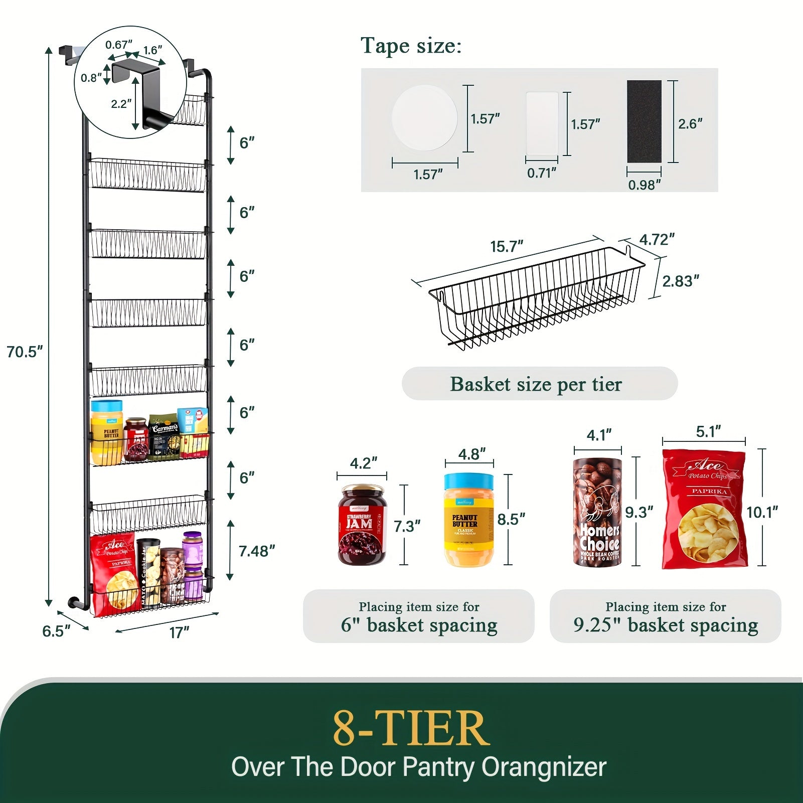 Over the Door Pantry Organizer 6 or 8 Shelf - Heavy-Duty Metal Hanging Storage Rack for Kitchen, Bathroom & Laundry Room, Space-Saving Spice & Food Organizer, Black or White