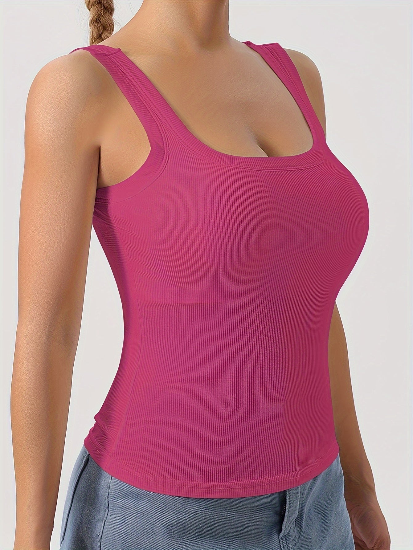 Women's Scoop Neck Tank Top with Removable Chest Padding – Slim Fit Padded Bra Sleeveless Summer Casual Top 8 Colors XS-XL