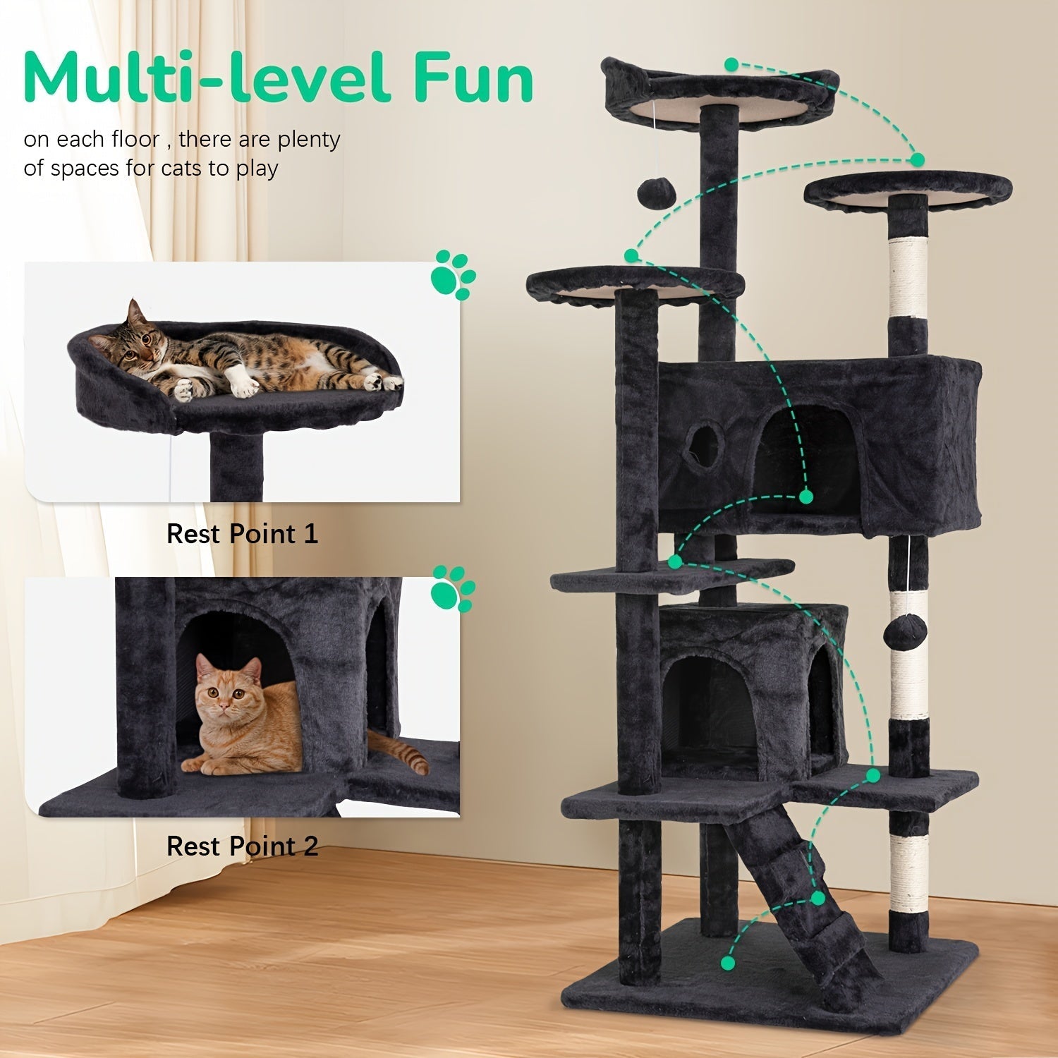 Multi-Level Cat Tree Tower with Scratching Post Indoor Kitten Activity Center Playhouse Easy Assembly 22 54 60 70 Inch Heights 7 Colors Dark Gray Beige Pink Navy Blue Green