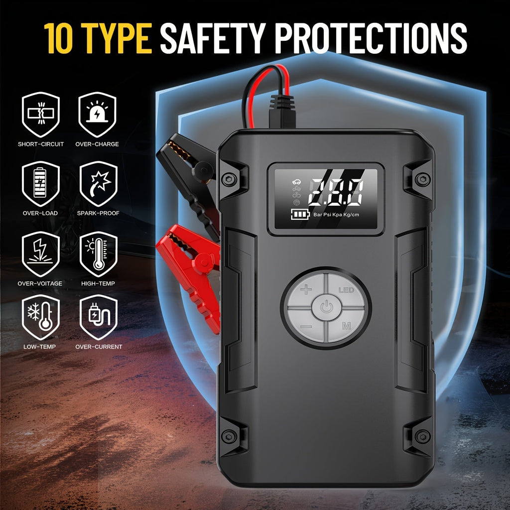 10000A Car Jump Starter 7-in-1 with 150PSI Air Pump – Portable Battery Booster for Gas Up to 10L & Diesel Up to 8L, Power Bank, Vehicle Emergency Kit