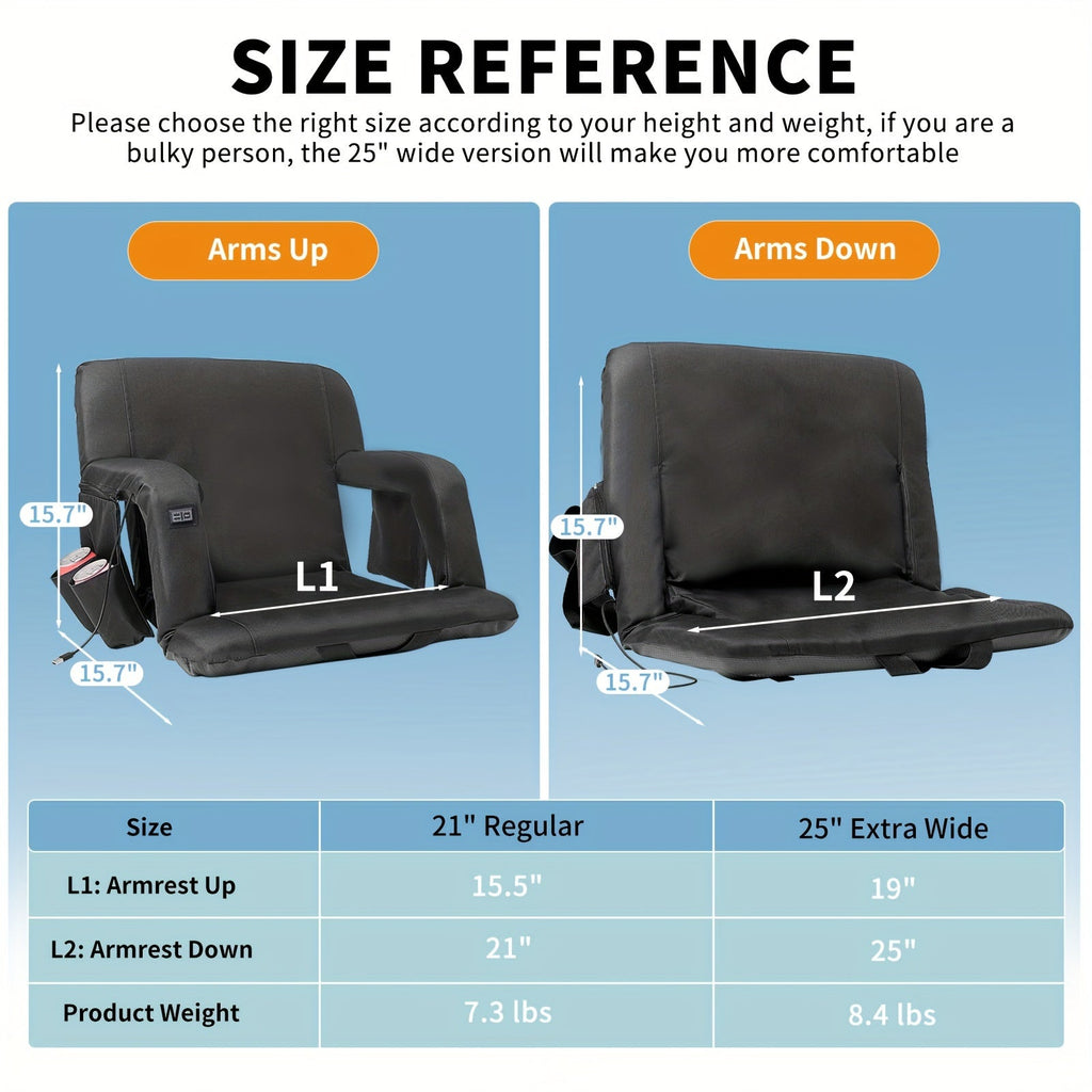 LILYPELLE Double Heated Stadium Seat with Back & Arm Support – Portable Bleacher Seat with 6 Reclining Positions, USB Heated Cushion for Sports Events, Outdoor Games, Travel & Hiking (Power Bank Not Included)