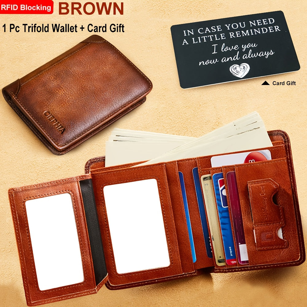 RFID Blocking Genuine Leather Wallet Men Trifold Cowhide Vintage 9 Card Slots 2 ID Windows Money Clip Cash Slots Father's Day Birthday Gift for Dad Husband Brown Black Blue