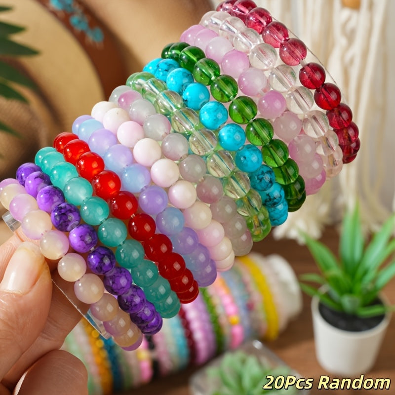 20-Piece 8mm Handcrafted Boho Glass Bead Bracelet Set for Women – Colorful Elastic Stackable Bangles Multi-Layer Beach Summer Jewelry Vacation Party Daily Wear Birthday Gift