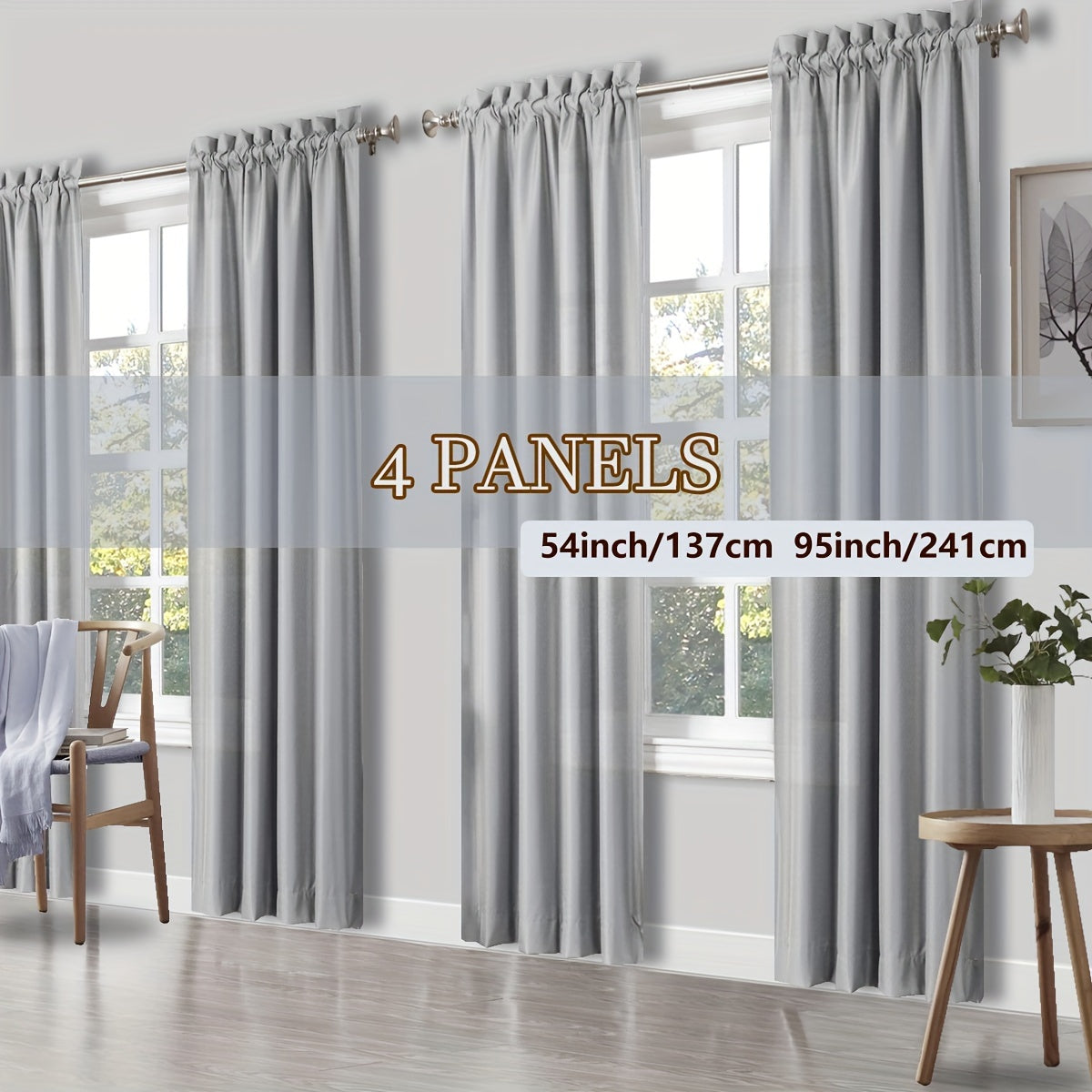 Rod Pocket Light Filtering Curtains 4 Panels – Solid Color Drapes for Living Room Bedroom Office, Easy Install, 10 Colors & 8 Sizes, Yarn-Dyed Fade Resistant Fabric, Home Window Treatment Set
