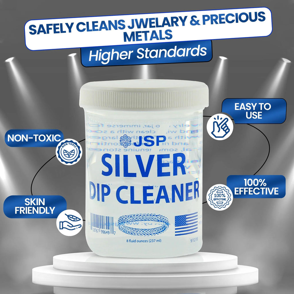 JSP Silver Dip Cleaner & Tarnish Remover 8oz Kit – 925 & 999 Sterling Silver Jewelry Cleaning Solution with Basket & Microfiber Cloth, Restores Shine