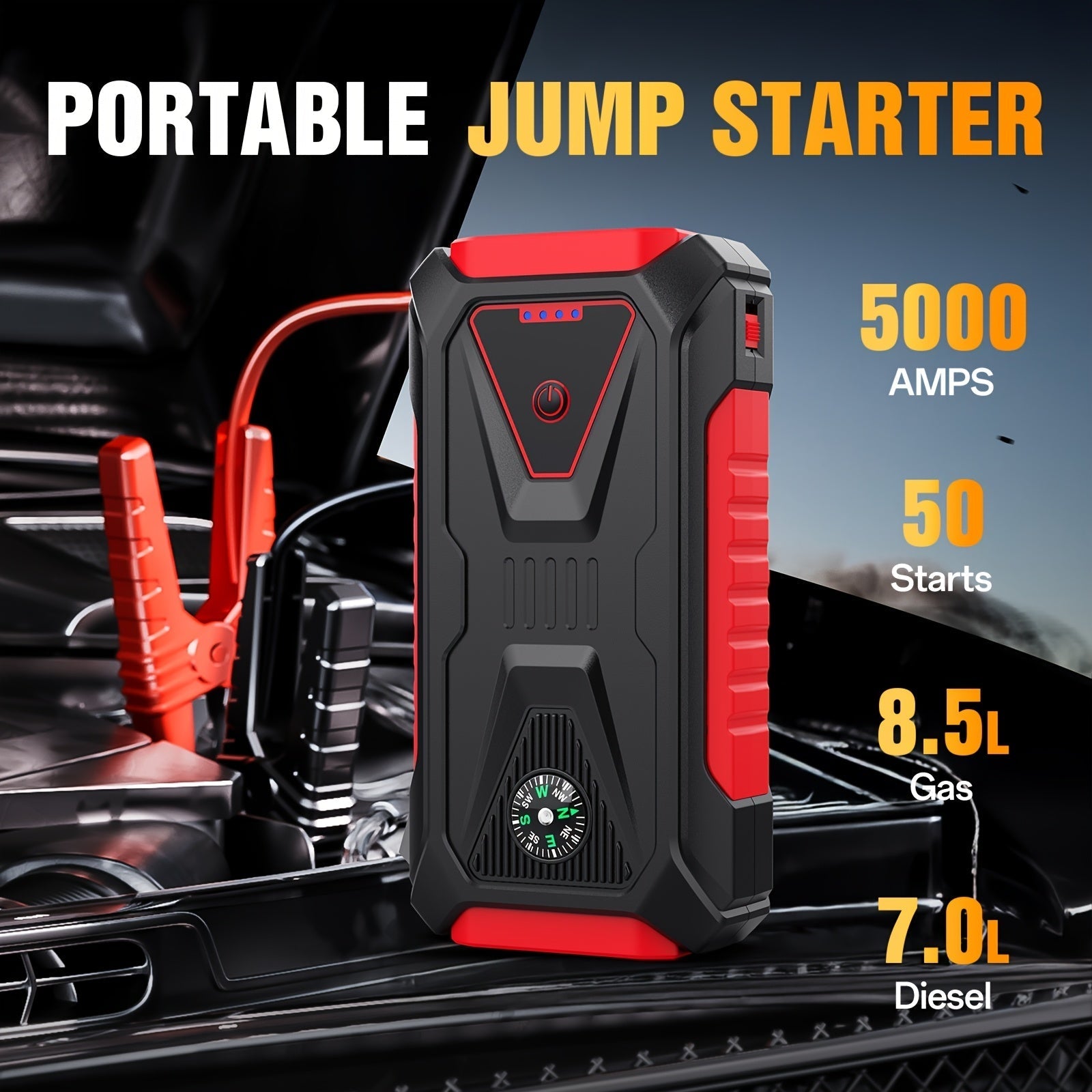 5000A Peak Jump Starter 12V Portable Car Battery Starter for Gas & Diesel Engines – LED Flashlight, SOS Light, Safety Hammer, Compass & USB Power Bank, 74WH Lithium Battery