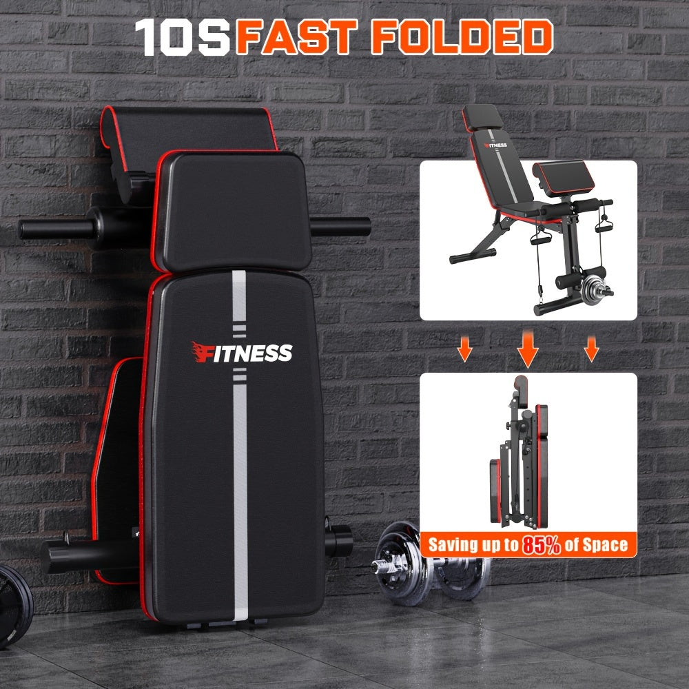 Foldable 6-in-1 Adjustable Weight Bench 770 LBS Home Gym – Flat Incline Decline Strength Training with Resistance Bands Preacher Curl Pad & Leg Developer for Full Body Workouts
