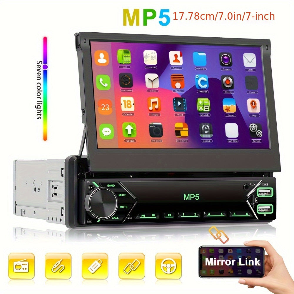 Single DIN Car Stereo 7 Inch HD Retractable IPS Touchscreen MP5 Player Bluetooth Mirror Link FM Radio USB AUX 45Wx4 TDA7388 Amplifier Colorful Backlight Universal 1 DIN Head Unit | Nova Mart