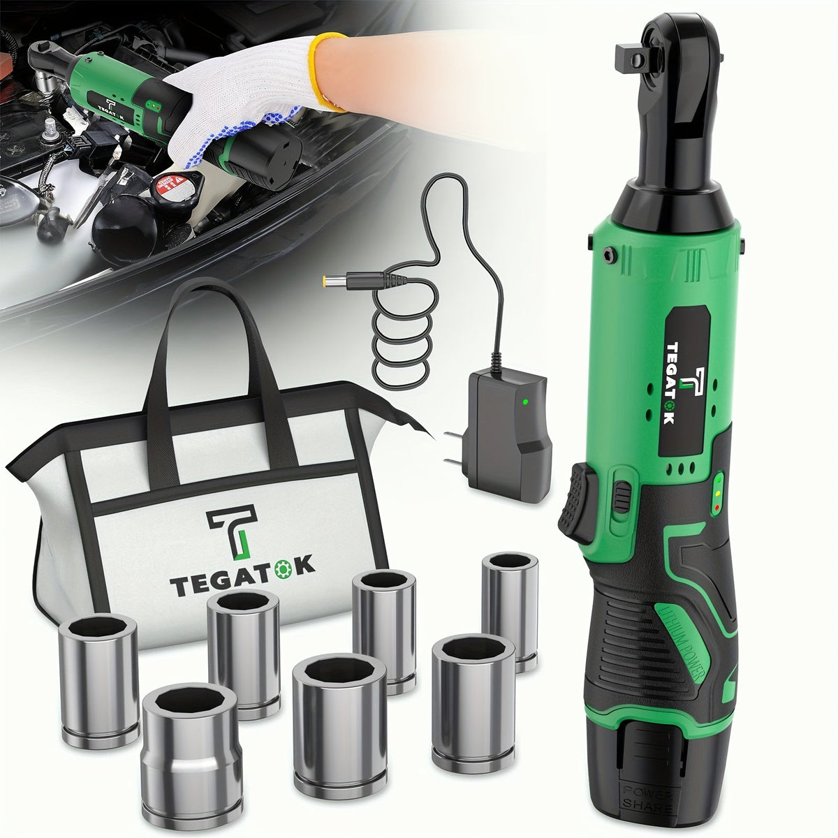 12V Cordless Ratchet Wrench Set 3/8 Drive 40 Ft-lbs Variable Speed – Fast Charge Lithium-Ion 7 Sockets for Automotive Repair DIY & Home Maintenance